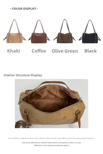 Detail view of large suede tote bag interior structure and four available matte color options