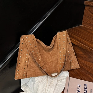 Vintage Suede Shoulder Bag With Metal Grommets Rivets Large Capacity Hobo Underarm Handbag Fashionable Women Commute