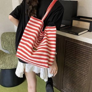 Red and white striped canvas tote bag for women, large capacity shoulder bag for daily use