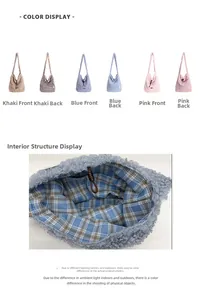 Detail of multi-color fleecy tote bags with reversible plaid design and drawstring closure