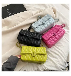 Quilted chain cross-body bags in grey-blue, black, rose red and lime green colors