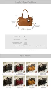 Detailed dimension chart and color guide for a large PU leather tote bag