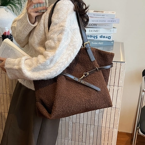 Brown fleece tote bag with dark leather shoulder straps for women casual autumn style