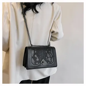Close-up of retro snakeskin pattern small square bag with metallic turn-lock and chain strap