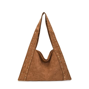 Brown suede slouchy shoulder bag with gold metal grommet detailing and triangle shape