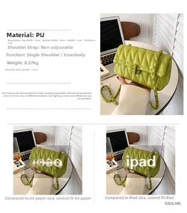 Detail view of grass green quilted PU leather bag with dimensions 19x11x7cm and chain strap