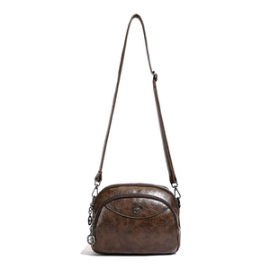 Retro brown faux leather crossbody bag for women with multi-layer zipper and kangaroo logo