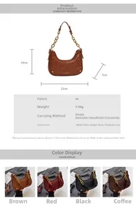 Detailed view of crescent moon bag dimensions 22x16x7cm with chain and strap options
