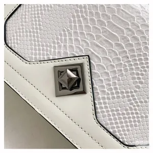 Detail of white snakeskin texture leather with pyramid metal buckle and black edges