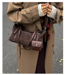 Retro dark brown suede shoulder bag with silver rivets and matching small pouch