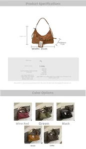 Tableau des tailles pour sac bandoulière en cuir PU avec dimensions et cinq coloris rétro
