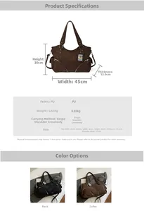Size chart for vintage PU leather tote showing 45x30x12.5cm dimensions and strap length