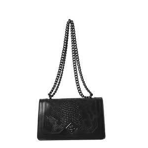 Sleek black snake print crossbody bag with chunky metal chain and diamond lock