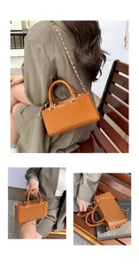 Three views showing caramel leather tote bag with gold chain and top handles in city setting