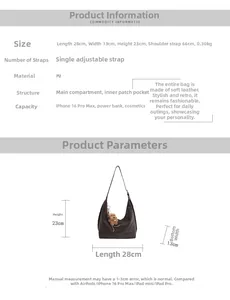 Detail view of brown PU leather shoulder bag with dimensions and internal capacity guide