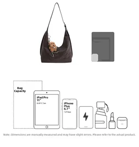 Size comparison of dark brown retro shoulder bag showing capacity for iPad Pro and iPhone