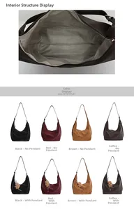 Detail view of large crescent tote bag interior and multiple color options with bear charm