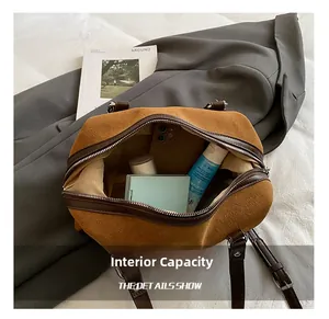 Internal view of brown faux suede tote bag showing storage capacity for daily essentials