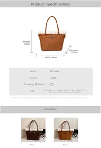 Detailed size chart for large tote bag with dimensions of 44x29x12.5cm and fabric info
