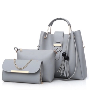 Three-piece light grey PU leather women's tote bag set with metal chain and tassel detail