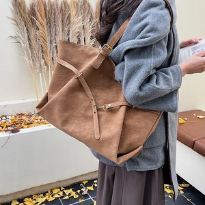 Brown faux suede large tote bag with vintage metal buckles for autumn winter fashion