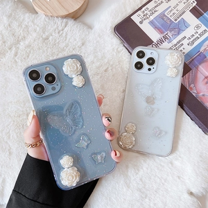 Coque De Téléphone Avec Roses En Résine 3D Et Papillon À Paillettes Décoration Transparente Souple TPU Pour Filles