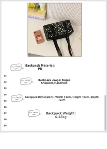 Detailed view of black PU tote bag with silver studs and size dimensions 32x16x12cm