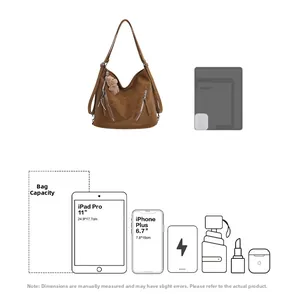 Detail showing brown tote bag capacity with 11-inch iPad and plush bear charm