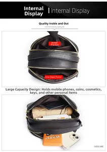 Internal structure of black leather bag with three compartments for phone and umbrella