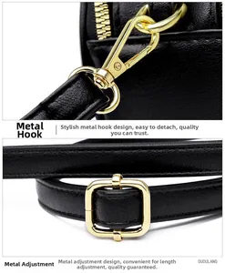Detailed macro view of adjustable leather shoulder strap with gold-tone metal hardware