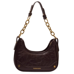 Retro dark brown crescent shoulder bag with vintage gold chain strap and crinkled texture