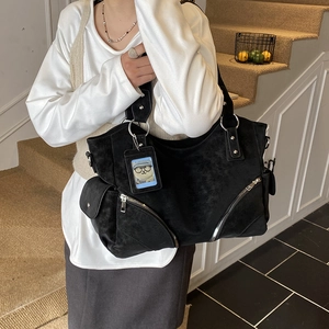 Retro black suede tote bag with large capacity and stylish silver zippers for women