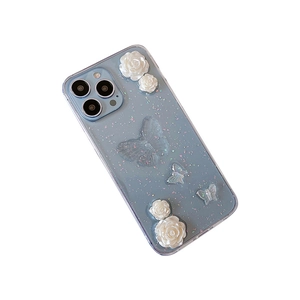 Coque pailletée bleue pour iPhone 16 Pro Max avec roses 3D et papillons blancs