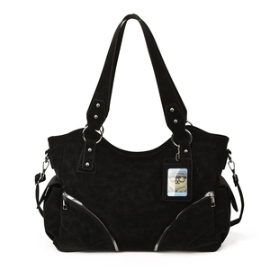 Retro black faux suede tote bag for women with decorative zippers and a cute bear charm