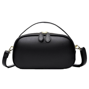 Classic black round leather handbag with gold metal zippers and top handle for women