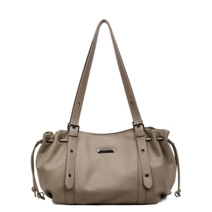 Minimalist taupe tote bag with lychee texture and drawstring detail in a 45-degree view