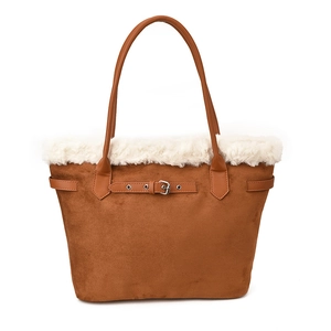 Sac cabas en daim marron avec bordure en fausse fourrure blanche et deux poignées