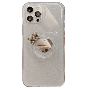 Glitter iPhone 16 Pro Max case with golden metal bears and heart mirror stand