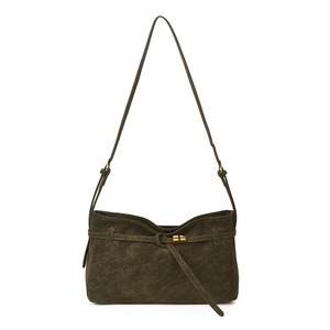 Olive green suede tote bag with golden buckle and crossbody strap in a minimalist style
