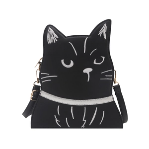Sac bandoulière chat noir avec broderie blanche et boucles métalliques dorées