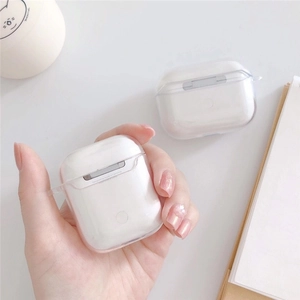 Close-up of clear acrylic case for AirPods Pro with split design and lanyard hole