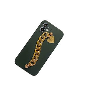 Dark green iPhone 16 Pro Max case with gold chain strap and heart charm pendant