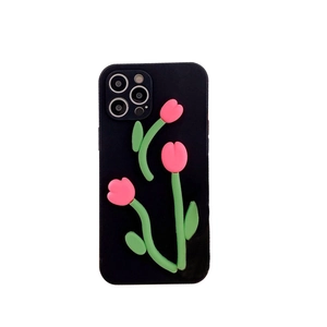 Black matte silicone iPhone case with 3D pink tulip flowers and green stems for iPhone 16