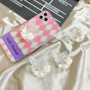 3D Butterfly Phone Grip Griptok Foldable Expanding Stand Transparent Resin Rose Faux Artificial Pearl Elegant Sweet For Women Girls