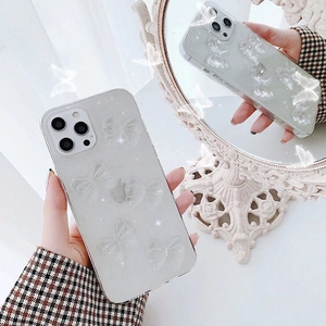 Transparent Phone Case With Crystal Bows And Glitter Sparkle Slim Shockproof Protective Cover For Women Girls