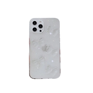 Glitter transparent iPhone 16 Pro Max case with 3D ribbon bows and shimmer effect