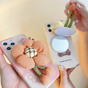 Cute 3D fabric flower phone case with integrated flip makeup mirror and bear patterns