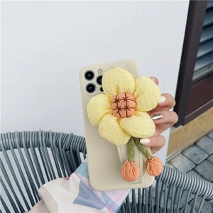 3D Knitted Sunflower Phone Case With Wrist Strap TPU Fabric Protective Shell Cute Aesthetic Shockproof Cover