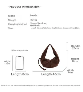 Size comparison of coffee suede crescent bag with 25cm handle and light 0.21kg weight