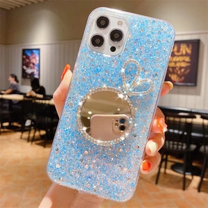 Blue glitter phone case for iPhone with makeup mirror and diamond heart decoration